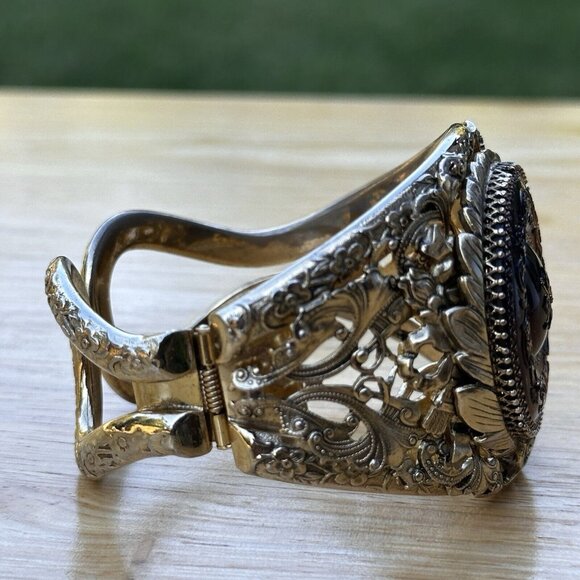 VTG Whiting Davis Hinged Bracelet 6.25 Medallion Floral Glass Gold Plated Rare - Picture 5 of 12